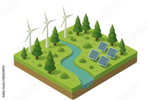 Isometric landscape with wind turbines and solar panels in nature