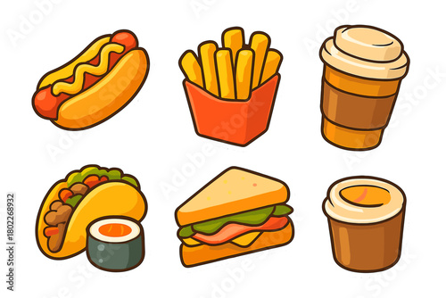 Set of popular fast food and beverage sticker icons for casual dining