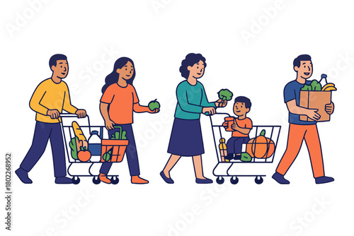 Diverse group of people shopping for groceries with carts and bags