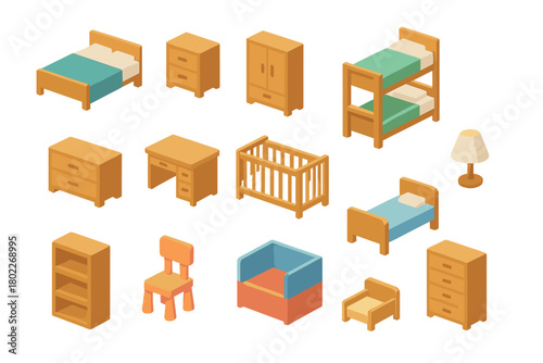 Isometric wooden children furniture set with beds and storage units