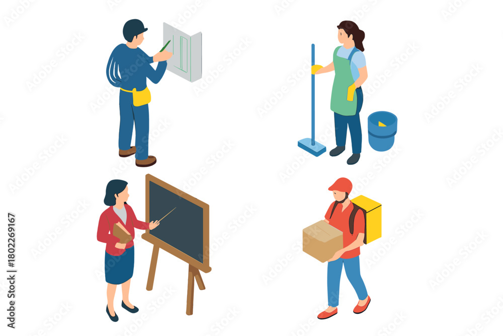 Obraz premium Isometric icons set of diverse service and professional workers