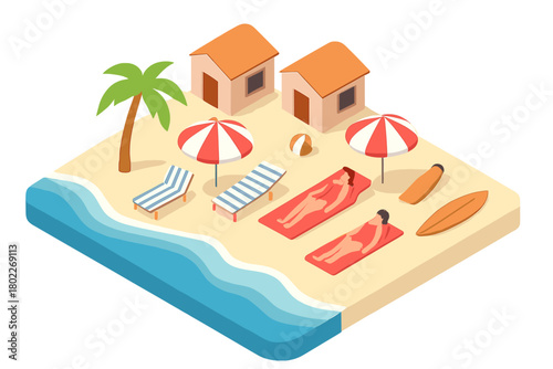 Isometric tropical beach scene with sunbathers and bungalows