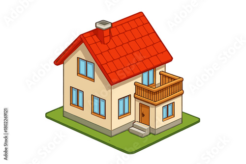 Isometric cartoon detached house with red roof and balcony