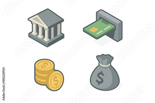 Isometric icons set for banking and finance transactions