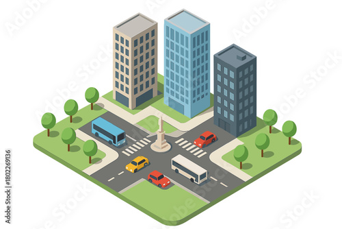 Isometric urban crossroads with high-rise structures and moving vehicles