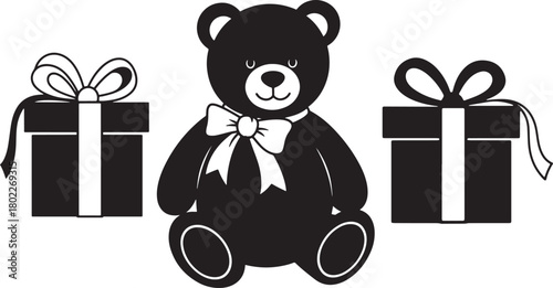 Cute teddy bear with bow tie and presents illustration graphic