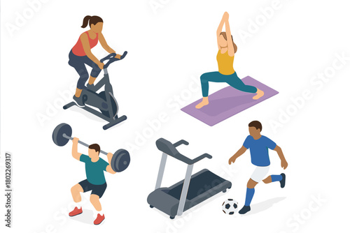 Isometric icons set of people exercising with fitness equipment and sports