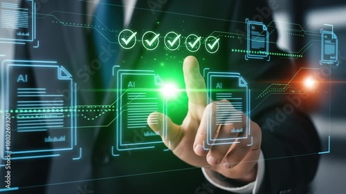Businessman using ai document management system to approve digital files online
