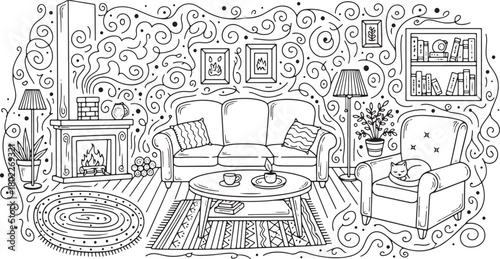 Cozy living room interior design illustration with cat sleeping on chair