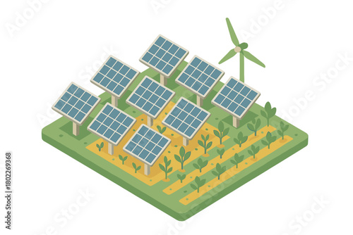 Isometric view of solar panels and wind turbine above cultivated field