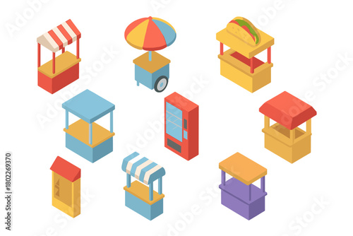 Isometric collection of colorful street food stalls and vending machines
