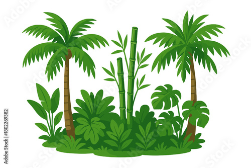 Lush tropical jungle foliage featuring palm trees and bamboo stalks