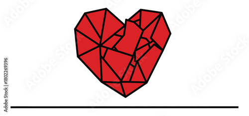Geometric Red Heart With Broken Segments on White, Lined Fragment Design