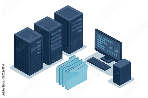 Isometric view of data center servers computer and storage concept