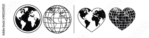 Globe and Heart Earth Map Silhouettes with Meridian Lines on Transparent Background