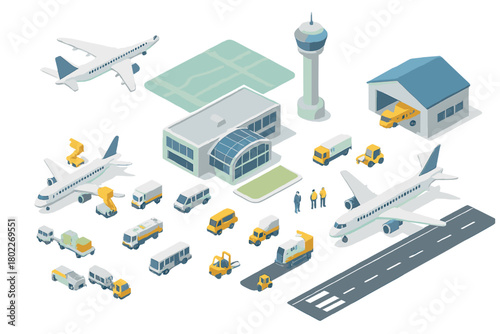 Isometric collection of airport ground support vehicles and aircraft