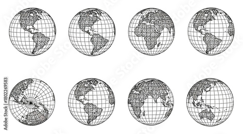 Globe Grid Map Projection Set Isolated on White Background Earth Geography