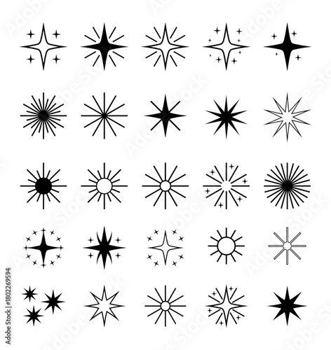 Diverse collection of star and sparkle icons featuring various radiant celestial light bursts and decorative graphic elements for design projects, celebrations, and festive visuals
