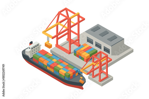 Isometric cargo ship loading and unloading at busy port terminal with cranes