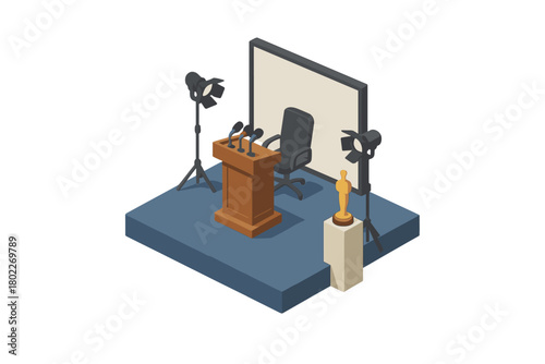 Isometric press conference stage with award statue and studio lighting setup