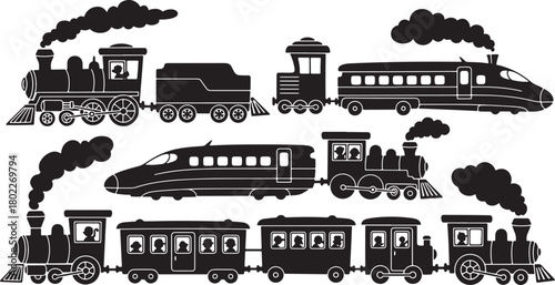 Diverse train collection showcasing vintage and modern railway transport vector art