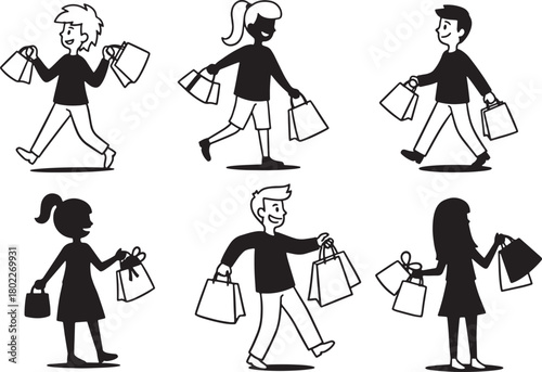 Doodle style people shopping with bags vector illustration pattern design