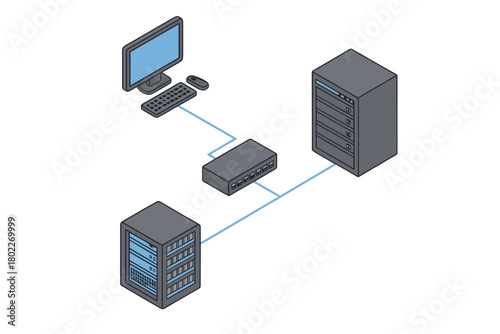 Isometric computer network diagram connecting workstation to server racks via switch