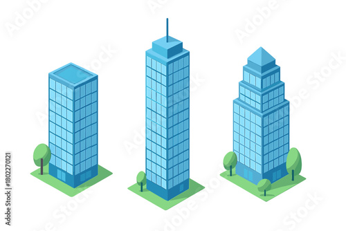 Isometric set of three modern blue glass skyscrapers with surrounding green trees