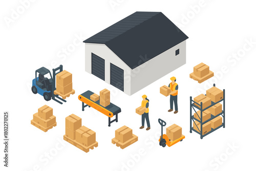 Isometric warehouse logistics with workers forklift and conveyor belt system