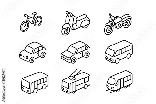 Isometric outline icons depicting various personal and public transportation vehicles