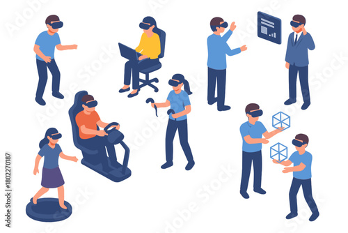 Isometric people interacting with virtual reality headsets and digital devices