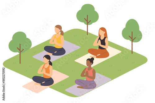 Diverse group of women practicing meditation in lotus pose on yoga mats outdoors