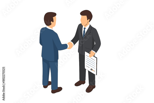 Isometric view of business partners concluding a successful agreement with handshake