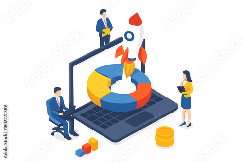 Rocket launch from financial chart on laptop screen symbolizing business startup growth