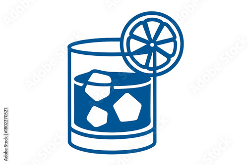 Simple blue icon of whiskey glass with ice cubes and citrus slice garnish