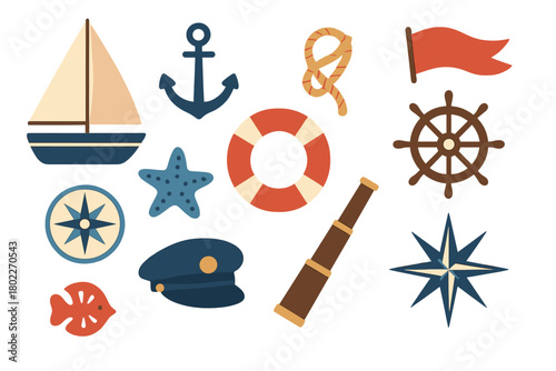Set of nautical and marine travel icons featuring sailboat and anchor