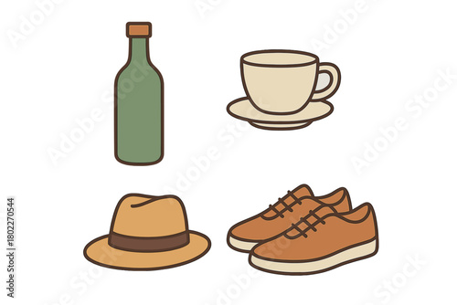 Casual lifestyle objects featuring bottle, coffee cup, fedora hat, and sneakers