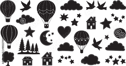 Dreamy seamless pattern of air balloons houses clouds birds and stars