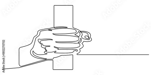 Single continuous line drawing businessman trapped in cage standing hold the iron bars. Imprisoned body and mind. Limited opportunity. Feeling exhausted. Hopeless. One line design vector illustration