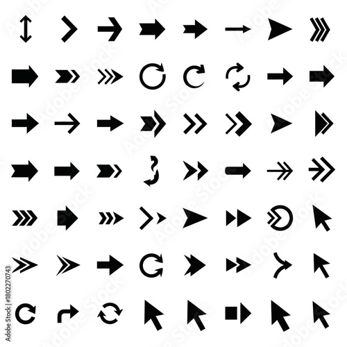 Comprehensive collection of versatile black arrow icons and pointers, ideal for enhancing navigation, indicating direction, and designing intuitive user interface elements in digital projects