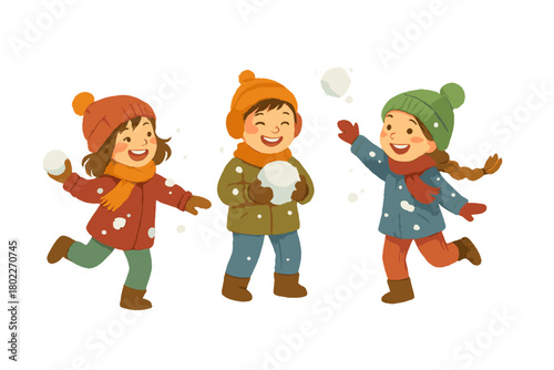 Cheerful children having a snowball fight outdoors in warm winter clothing