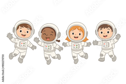 Diverse happy children floating wearing astronaut suits in zero gravity