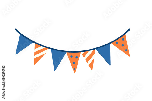 Hanging bunting banner with blue and orange patterned pennants