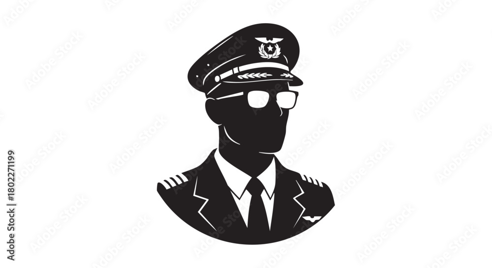 Obraz premium ## **3. Pilot in uniform with hat suit tie and glasses portrait logo black silhouette** 