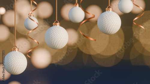 White golf ball ornaments hanging with ribbons for christmas decoration. 3d rendering