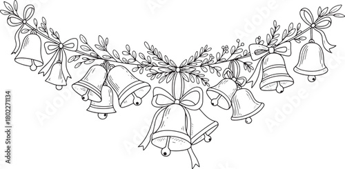 Elegant monochrome Christmas garland of bells and bows for festive decoration