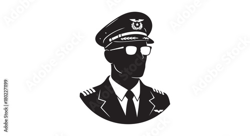 ## **3. Pilot in uniform with hat suit tie and glasses portrait logo black silhouette**
