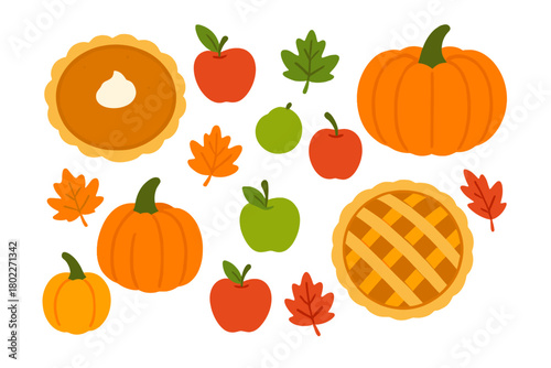 Assortment of autumn harvest icons featuring pumpkins, apples, and pies