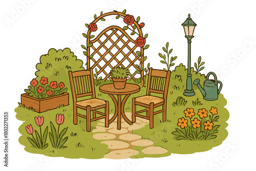 Cozy garden seating area with wooden furniture and climbing roses