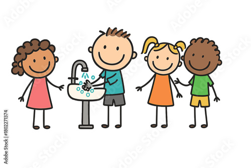 Happy diverse children practicing handwashing hygiene at a sink